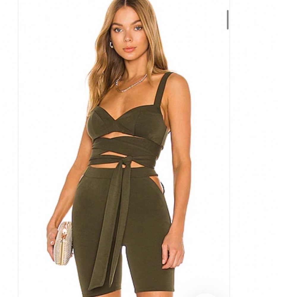 Michael Costello x REVOLVE Levi Crop Wrap Top Olive Green Ribbed Size S